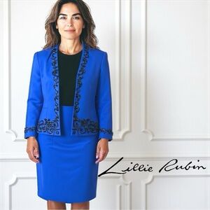 LILLIE RUBIN Vintage Stunning Dynasty Blue Embellished Beaded Wool Suit Size 8